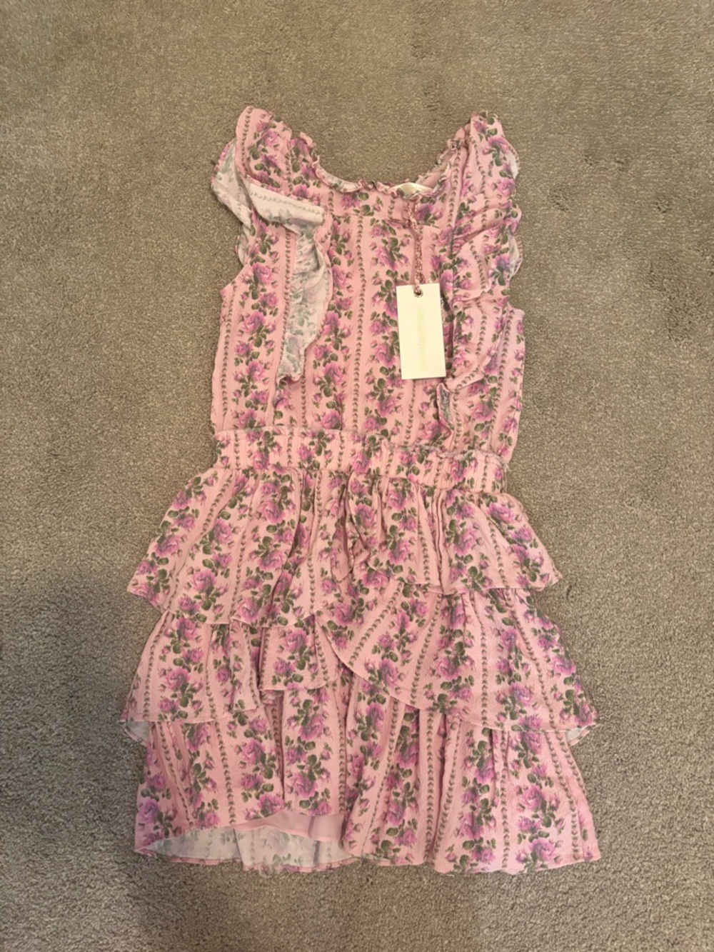 LoveShackFancy Girls Pink Floral Ruffle Tiered Dress